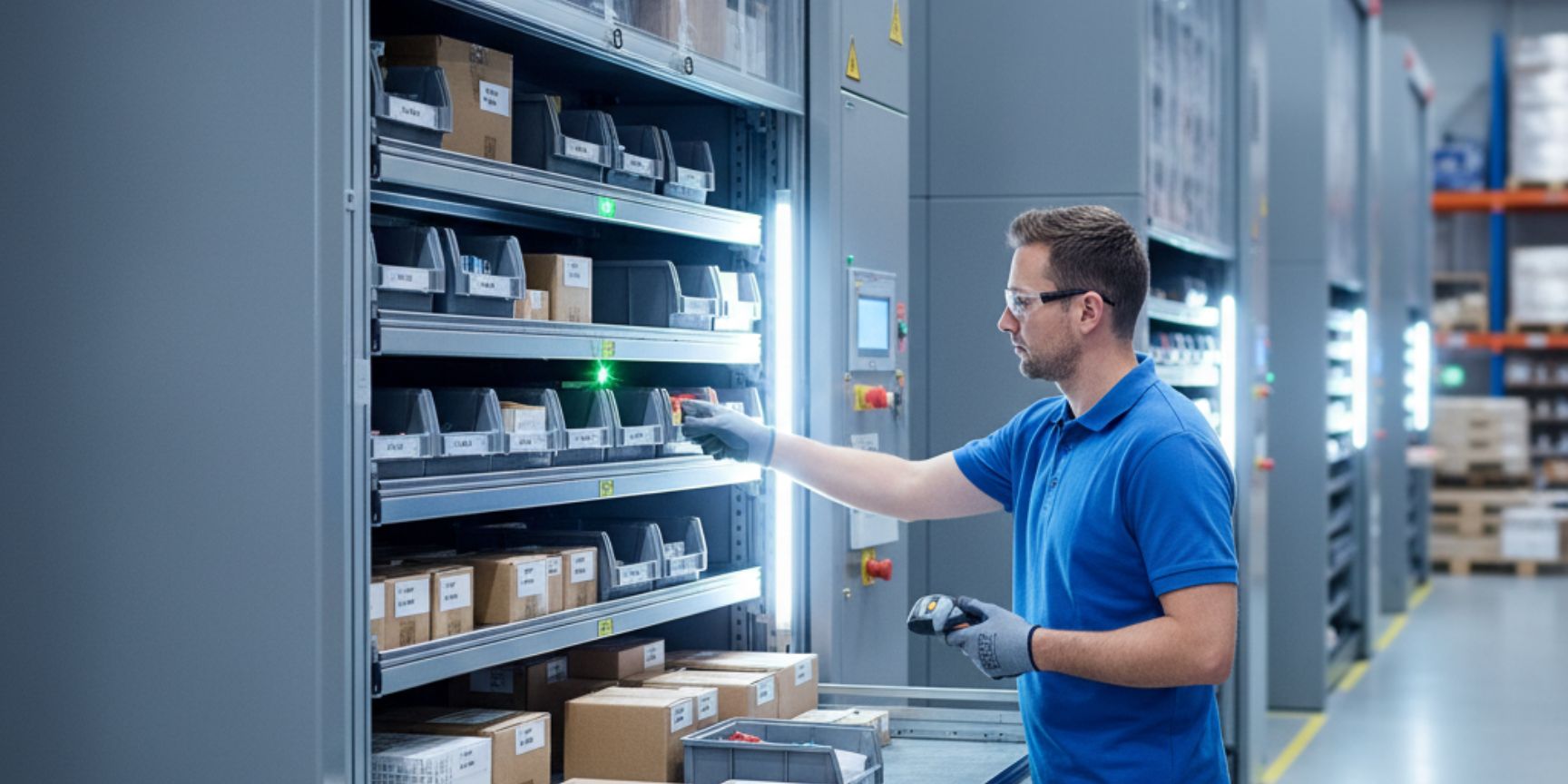 Mitarbeiter kommissioniert Artikel aus einem modernen, vertikalen Umlaufregal (Paternosterlager) in einer Lagerhalle. Der Regalträger mit Kleinteilen ist in einer ergonomischen Höhe positioniert, und der Mann entnimmt eine Box. Das Bild symbolisiert effiziente Lagerlogistik und das Ware-zur-Person-Prinzip.